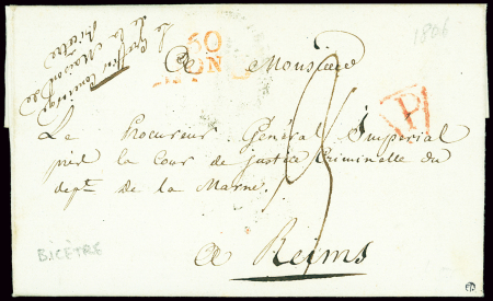 Lettre avec en-tête manuscrite "Le greffier concierge de la Maison de Bicêtre" + à l'intérieur en-tête imprimé "le greffier-concierge de la maison de détention de Bicêtre". TB