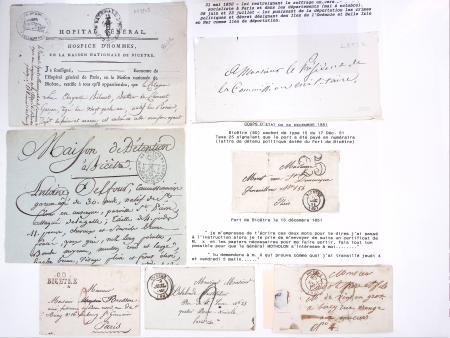 15 plis de Bicètre dont document à en-tête  "Hopital général hospice d'hommes, en la maison nationale de Bicètre" et pli lié au coup d'état du 2 dec 1851 avec T15 Bercy et taxe 25 double-trait. TB