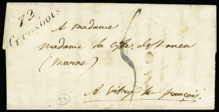 Lettre de Marolles avec cursive "72 Grosbois" (1830), ind 23. RR et TB. Certificat Pothion