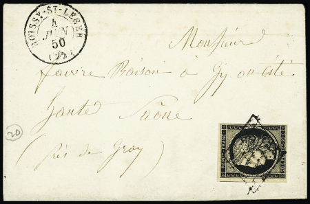 N°3 OBL grille + T15 "Boissy-St-Léger (72)" (1850) sur lettre. TB
