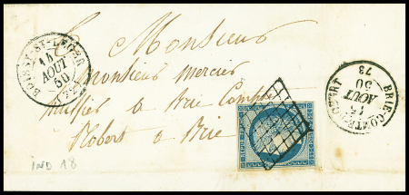N°4 OBL grille + T15 "Boissy-St-Léger (72)" (1850) sur lettre, ind 18. TB