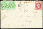 N°32 + 53 en paire OBL GC 514 + T17 "Boissy-St-Léger (72)" (1873) sur une petite lettre chargée. Jolie pièce