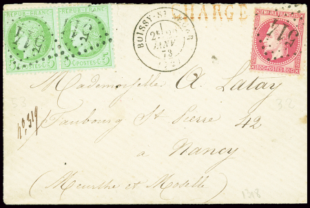 N°32 + 53 en paire OBL GC 514 + T17 "Boissy-St-Léger (72)" (1873) sur une petite lettre chargée. Jolie pièce