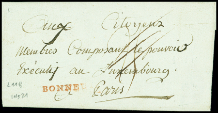 Bonneuil : MP "Bonneuil" (rouge, an 4 - Lenain Petite Poste de Paris n°118), ind 21. TB