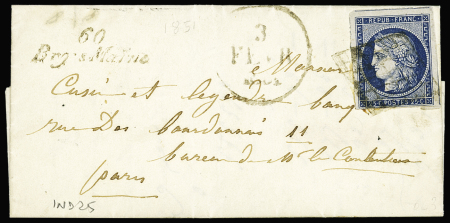 N°4 OBL grille + dateur "A" + cursive "60 Bry-s-Marne" sur lettre, ind 25. RR