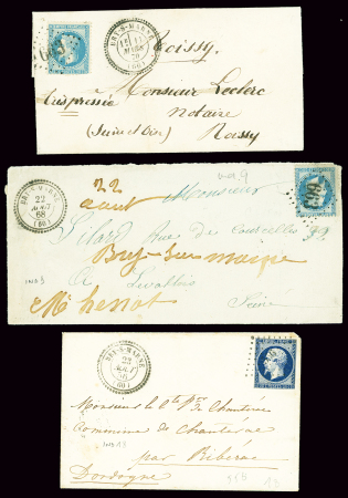 3 lettres de Bry-s-Marne : n°14 OBL PC 556 + T22 (1856), n°29 OBL GC 663 + T22 (1868) et n°29 OBL GC 663 + T24 (1870). TB