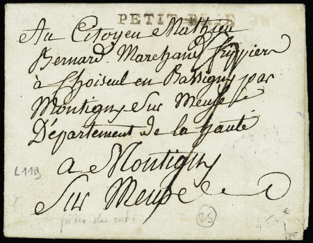 Lettre avec MP "Petit-Brie" (noir - Petite Poste - 1793 - Lenain n°119) , ind 25. RR et TB