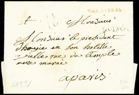 Petite Poste : lettre avec MP rouge "Carrières" + "9e Lvée" (1782) (Lenain L120), ind 21. Jolie pièce