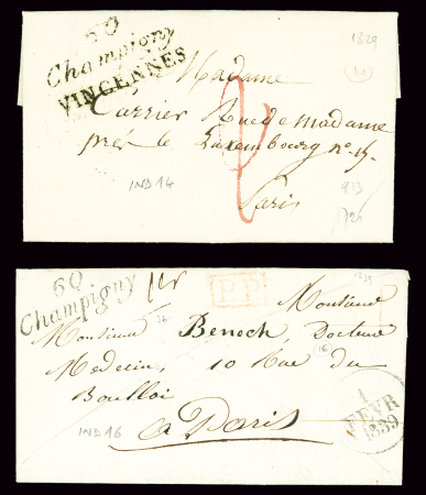 2 lettres : double cursive "60 Champigny Vincennes" (1829 - ind 14) et cursive "60 Champigny" (1839 - ind 16). TB