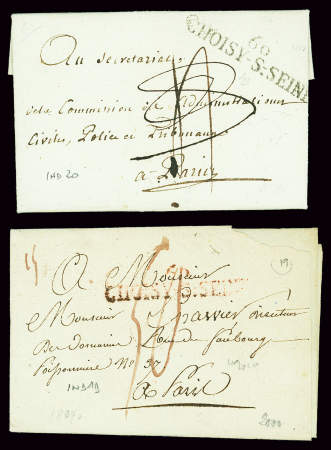 2 lettres avec MP "Choisy-s-Seine" (noir - an 4 - ind 20 et rouge - ind 19). TB