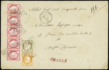 N°38 + 56 + 57, bande de 5 OBL GC 1019 + T16 "Choisy-le Roi (60)" (1875) sur lettre chargée (VD 1850F). TB