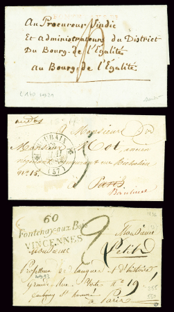 Fontenay sous Bois : 3 lettres : MP rouge "Fontenay s. Bs" (Petite Poste - L140 - ind 21 - An2). 2 doubles cursives "60 Fontenay aux Bois Vincennes" (1834 et 1836 - ind 13 chacune). TB