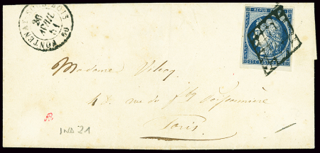 N°4 OBL grille + T15 "Fontenay sous Bois 60" (1851) sur lettre, ind 21. TB