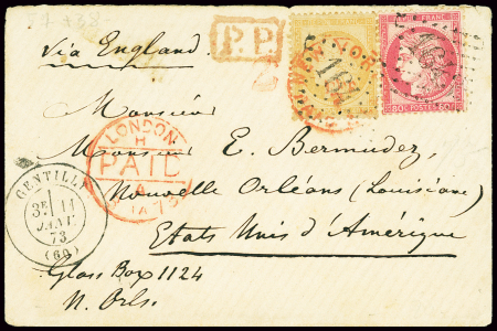 N°31 + 57 OBL GC 1643 + T17 Gentilly (1873) sur lettre pour la Nouvelle Orléans (USA). TB