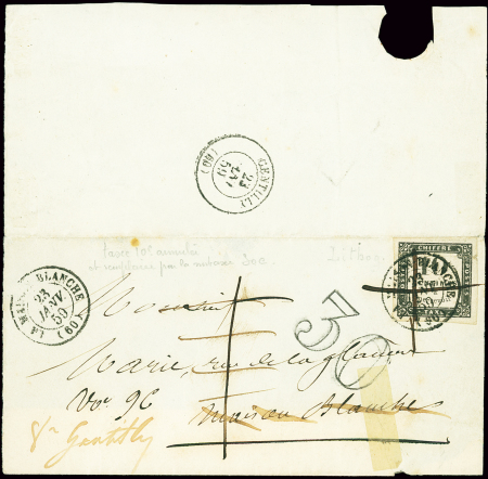 Taxe n°2 annulé croix à la plume OBL T15 "La Maison Blanche (60)" (1859) sur lettre pour Gentilly avec taxe 1 manuscrite et taxe 30 double-trait