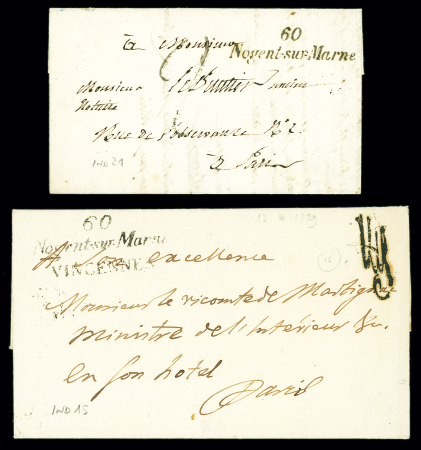 Nogent sur Marne : 2 lettres avec cursives "60 Nogent sur Marne Vincennes" (1829 - ind 15) et "60 Nogent sur Marne" (1838 - ind 21). TB
