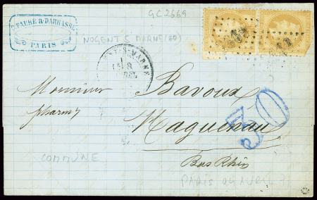 N°28 en paire (def) OBL  GC 2669 + T17 Nogent-s-Marne (8.4.1871) sur lettre de Paris (4 avril) pour Haguenau (arrivée 13.4) avec taxe 30 double-trait en bleu (sortie pendant la Commune de Paris). Rare