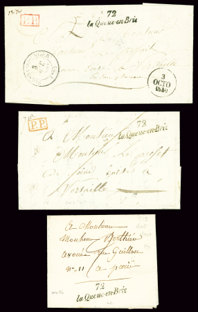 3 lettres avec cursive "72 La Queue en Brie" (1837 et 1840), ind 14 chacune. TB