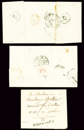 3 lettres avec cursive "72 La Queue en Brie" (1837 et 1840), ind 14 chacune. TB