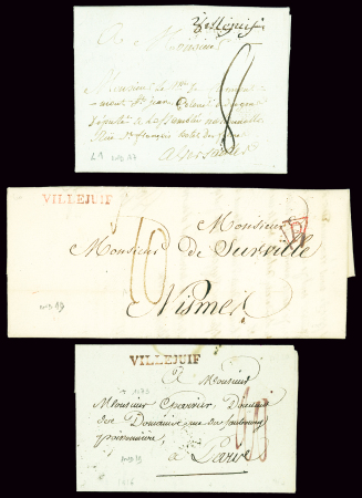Villejuif : 3 lettres : marque manuscrite (L n°1 - ind 17 - 1789) et 2 MP "Villejuif" (rouge - 1821 - ind 19 et noir - 1816 - ind 19). Bel ensemble