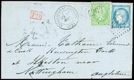 N°35 + 60 OBL GC 4263 + T17 "Villeneuve St Georges (72)" (1872) sur lettre pour la Grande-Bretagne. TB
