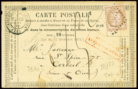 N°58 OBL GC 4263 + T17 "Villeneuve st Georges (72)" (1873) sur carte postale précurseur avec griffe encadrée rouge "Affranchissement insuffisant" et taxe manuscrite 15c. TB