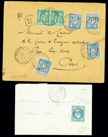 Villiers-s-Marne : 2 lettres n°29 OBL GC 4980 + T24 "Villiers-s-Marne" (1870 - ind 10) et n°75 en paire + n°101, 4 pièces OBL CAD T17bis "Villiers-s-Marne S. et Oise" (1893) sur lettre recommandée. TB