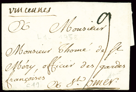 Vincennes : marque manuscrite "Vincennes" (1758 - L n°1), ind 19. TB
