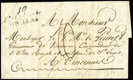 Lettre avec double cursive "10 Ste Colombe Quillan" (1828 - ind 19), adressée au gouverneur de Vincennes. TB
