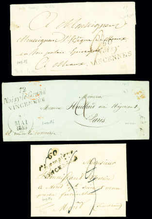 3 lettres avec doubles cursives "60 Noisy Vincennes" (1824 - ind 19) - "72 Noisy le Grand Vincennes" (1845 - ind 16) - "60 Champigny Vincennes" (1834 - ind 14). TB