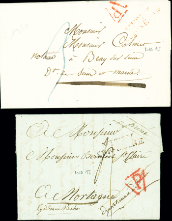 Vitry : MP noire "Vitry-s-Seine" (1806), ind 15 et MP rouge idem (1815 - ind 15). TB