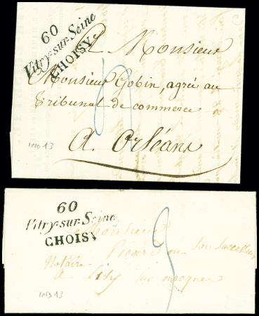 2 lettres avec cursives "60 Vitry-s-Seine Choisy", ind 13 (1827 et 1835). TB