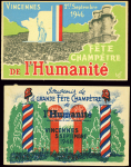 2 cartes postales en couleurs : fête champêtre de l'Humanité à Vincennes 1946 et 1948, OBL TB