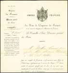 Empire français - Commission de receveur des postes (1865). TB