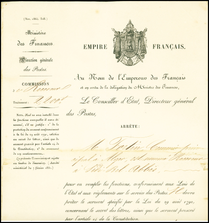 Empire français - Commission de receveur des postes (1865). TB