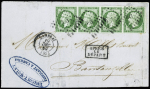 2 lettres dont n°12, 5c vert foncé, bande de 4 OBL PC 593 + T15 Cambrai (1859) sur lettre pour Bantouzelle. TB