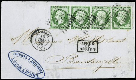 2 lettres dont n°12, 5c vert foncé, bande de 4 OBL PC 593 + T15 Cambrai (1859) sur lettre pour Bantouzelle. TB