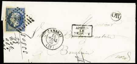 2 lettres dont n°12, 5c vert foncé, bande de 4 OBL PC 593 + T15 Cambrai (1859) sur lettre pour Bantouzelle. TB