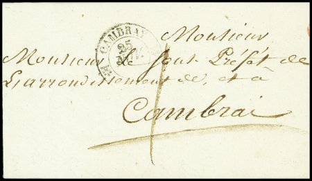 Lettre de Cambrai pour le sous-Préfet de Cambrai avec au verso MP "Deb 57 Cambray" (34 x 10mm - 1830), ind 18. TB