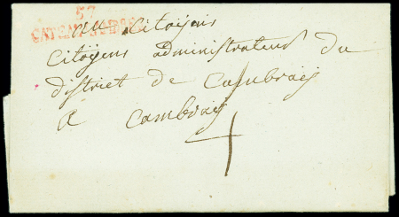 MP rouge "57 Cateaucambres" (37 x 8,5mm), 1793, ind 19. TB