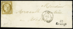 3 lettres dont n°1, 10c bistre-jaune OBL PC 1223 + T15 Avesne-s-Helpe (1852) + cursive "57 Etroeungt", ind 28. RR et TB