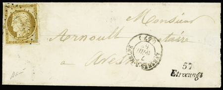3 lettres dont n°1, 10c bistre-jaune OBL PC 1223 + T15 Avesne-s-Helpe (1852) + cursive "57 Etroeungt", ind 28. RR et TB