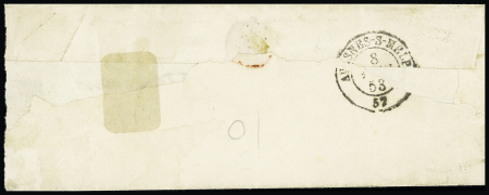 3 lettres dont n°1, 10c bistre-jaune OBL PC 1223 + T15 Avesne-s-Helpe (1852) + cursive "57 Etroeungt", ind 28. RR et TB