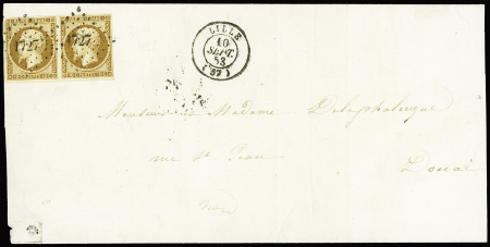 3 lettres : n°4 OBL PC 1727 + T13 Lille (1852), n°4 en paire OBL PC 1727 + T15 Lille (1852) et n°9, 10c bistre en paire OBL PC 1727 + T15 (1853). TB