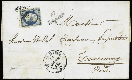 3 lettres de Templeuve dont n°10 OBL PC 3330 + cursive "57 Templeuve" + T14 Pont à Marcq. TB