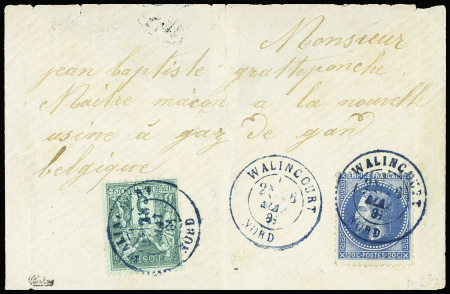 N°29 + 75 OBL CAD T17 bleu "Walincourt nord" (1891 - usage tardif) sur lettre non philatélique, signé Calves. TB