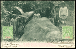 Océanie n°14, 2 pièces, OBL CAD à cercle tireté "Bora-Bora Tahiti" (1907) sur carte postale "Bora Bora Pierre historique (Epoque des migrations polynésiennes)". TB