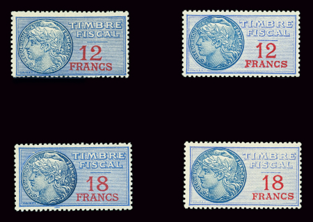 Timbre fiscal n°38 et 38b 12f bleu avec grandes ou