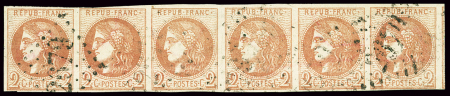 N°40B 2c brun-rouge, superbe bande de six bien margée,