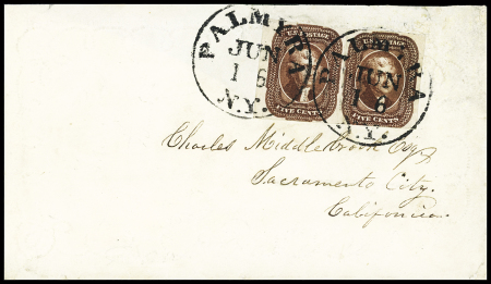 1856 5c Red-brown, horizontal pair with sheet margin